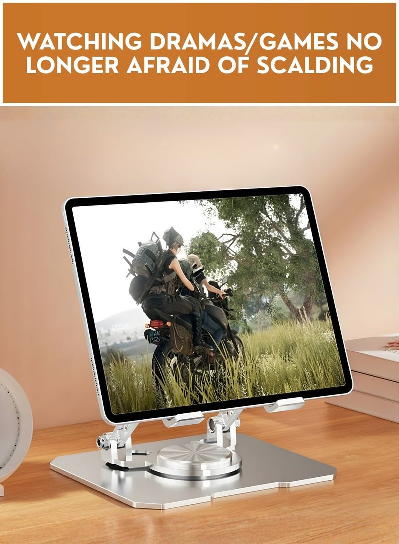 حامل تابلت قابل للتعديل مع مروحة تبريد، حامل معدني قابل للطي لأجهزة iPad، حامل مكتبي دوار 360 درجة لأجهزة التابلت من 4 إلى 16 بوصة، وأجهزة iPad وأجهزة Android - مناسب للمكتب والدراسة والألعاب - Image 4